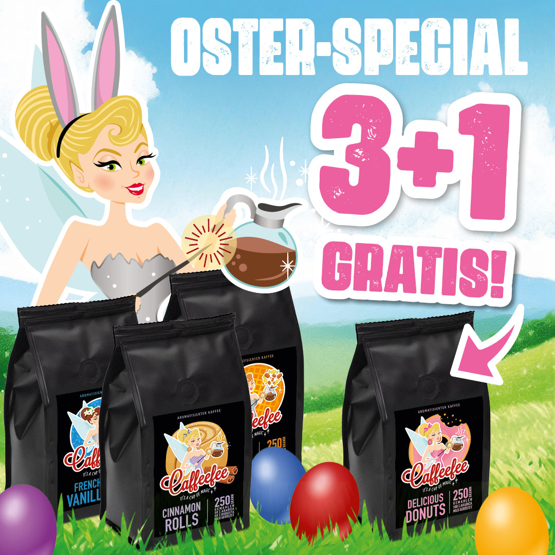 Caffeefee Oster-Special 3 + 1 Aktion. Beim Kauf von 3 Päckchen Caffeefee Deiner Wahl bekommst du ein viertes Päckchen gratis.