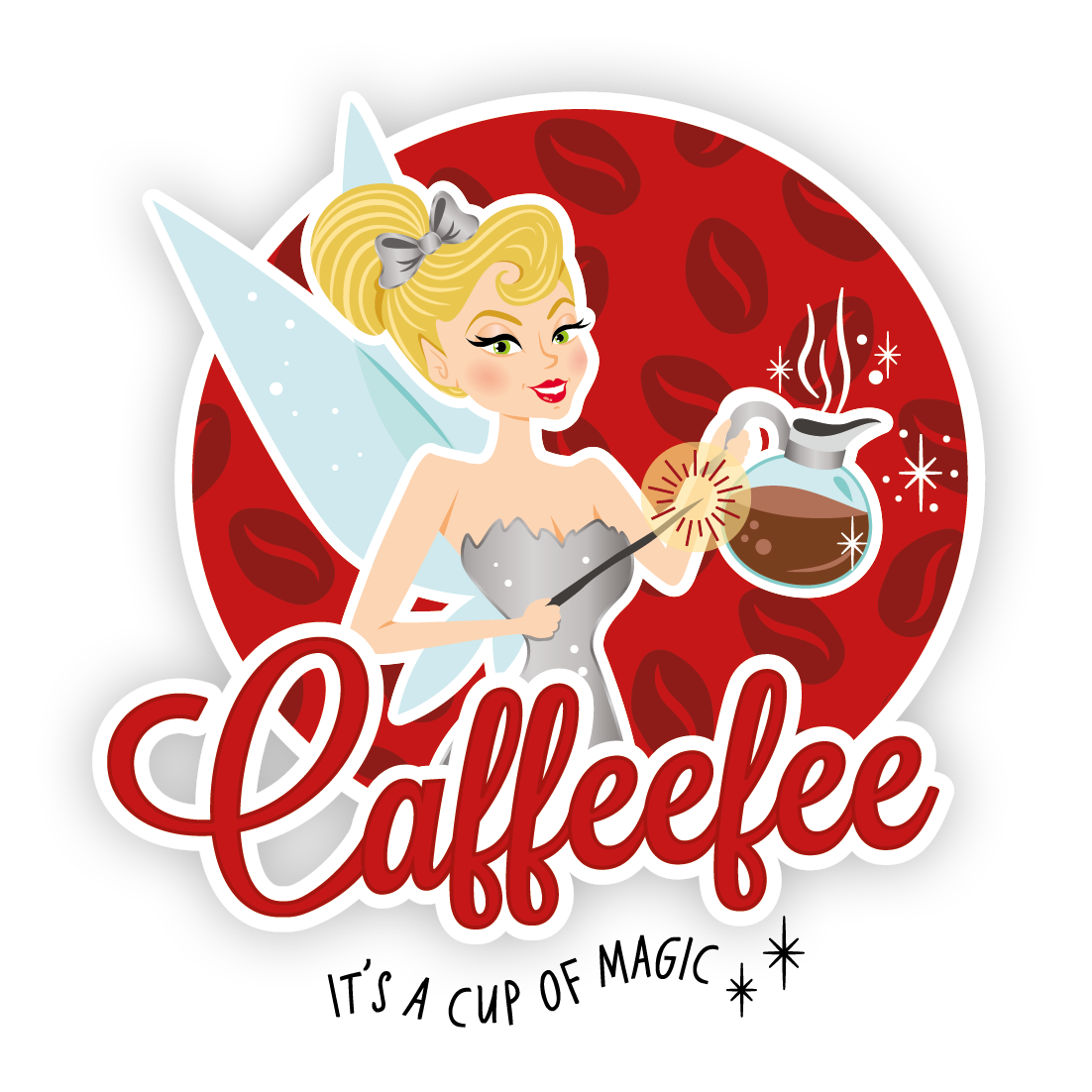 Das Logo von Caffeefee: Eine blonde Fee mit Flügeln und silbernem Kleid. In der linken Hand hält sie eine Kaffeekanne, in der rechten einen Zauberstab. Um sie herum ist ein roter Kreis mit Kaffeebohnenmuster. Darunter steht: Caffeefee und It's a Cup of Magic.